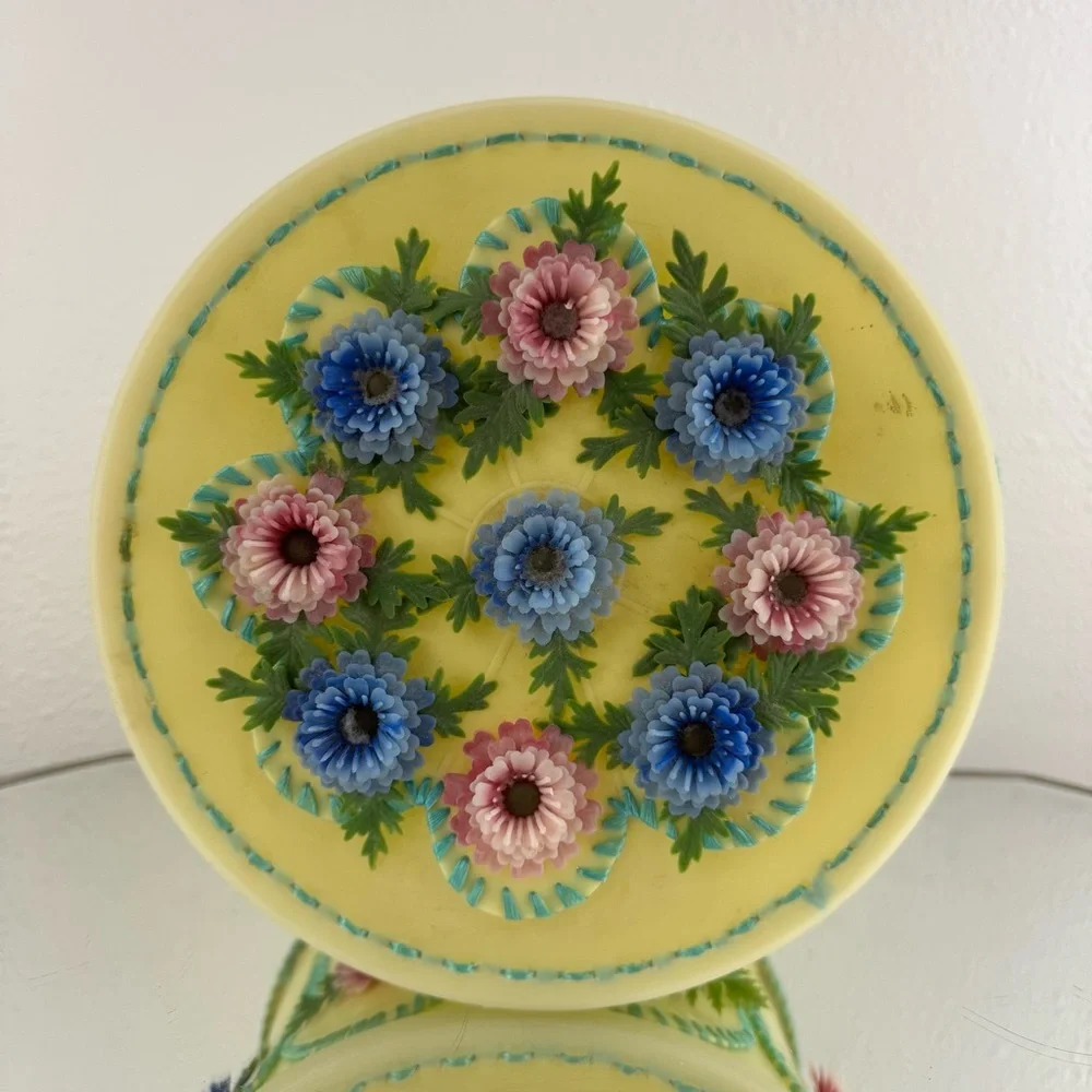 Vintage 70s Handmade Yellow Folk Art Kitschy Floral Ice Cream Bucket Container